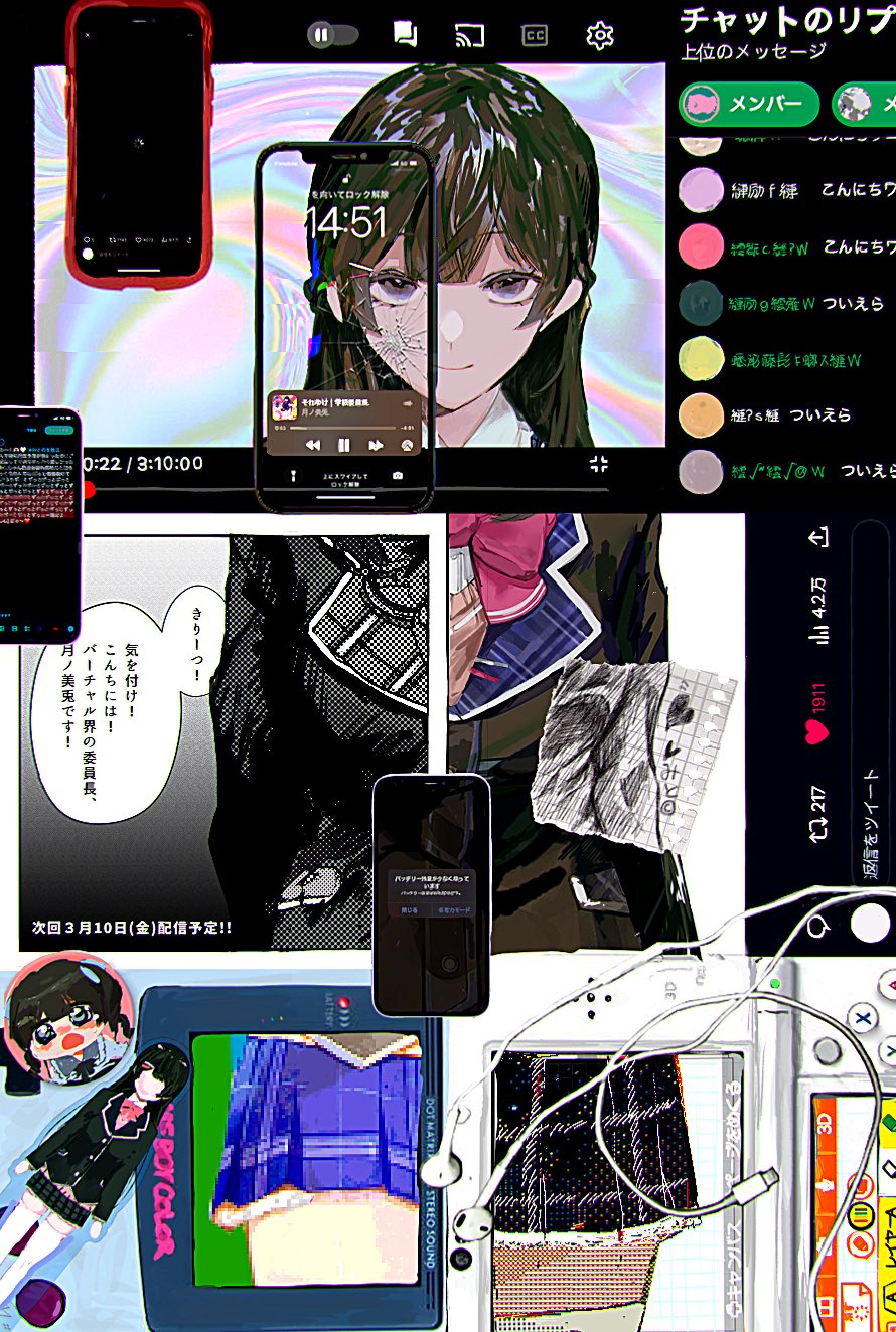 1girl arms_behind_back azuma_kurumi bangs black_eyes black_hair black_jacket blazer blunt_bangs bow bowtie braid brown_cardigan buffering cardigan cellphone cellphone_picture character_pin chat_log closed_mouth collage collared_shirt commentary cowboy_shot cracked_screen earbuds earphones french_braid game_boy game_boy_color glitch graph_paper half-closed_eyes halftone handheld_game_console highres hime_cut iridescent jacket long_hair looking_at_viewer nijisanji nintendo_3ds official_alternate_costume phone pink_bow pink_bowtie plaid plaid_skirt pleated_skirt school_uniform shirt skirt smartphone smile thighhighs tsukino_mito twitter user_interface white_shirt