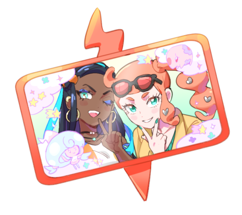 2girls bad_id bad_twitter_id black_hair blue_hair blush_stickers collarbone dark-skinned_female dark_skin dede_(qwea_00000) earrings eyeshadow eyewear_on_head hair_ornament hattrem heart heart_hair_ornament hoop_earrings jewelry makeup multicolored_hair multiple_girls munna necklace nessa_(pokemon) one_eye_closed open_mouth pokemon pokemon_(creature) pokemon_(game) pokemon_swsh rotom rotom_phone selfie side_ponytail smile sonia_(pokemon) sparkle star_(symbol) two-tone_hair v