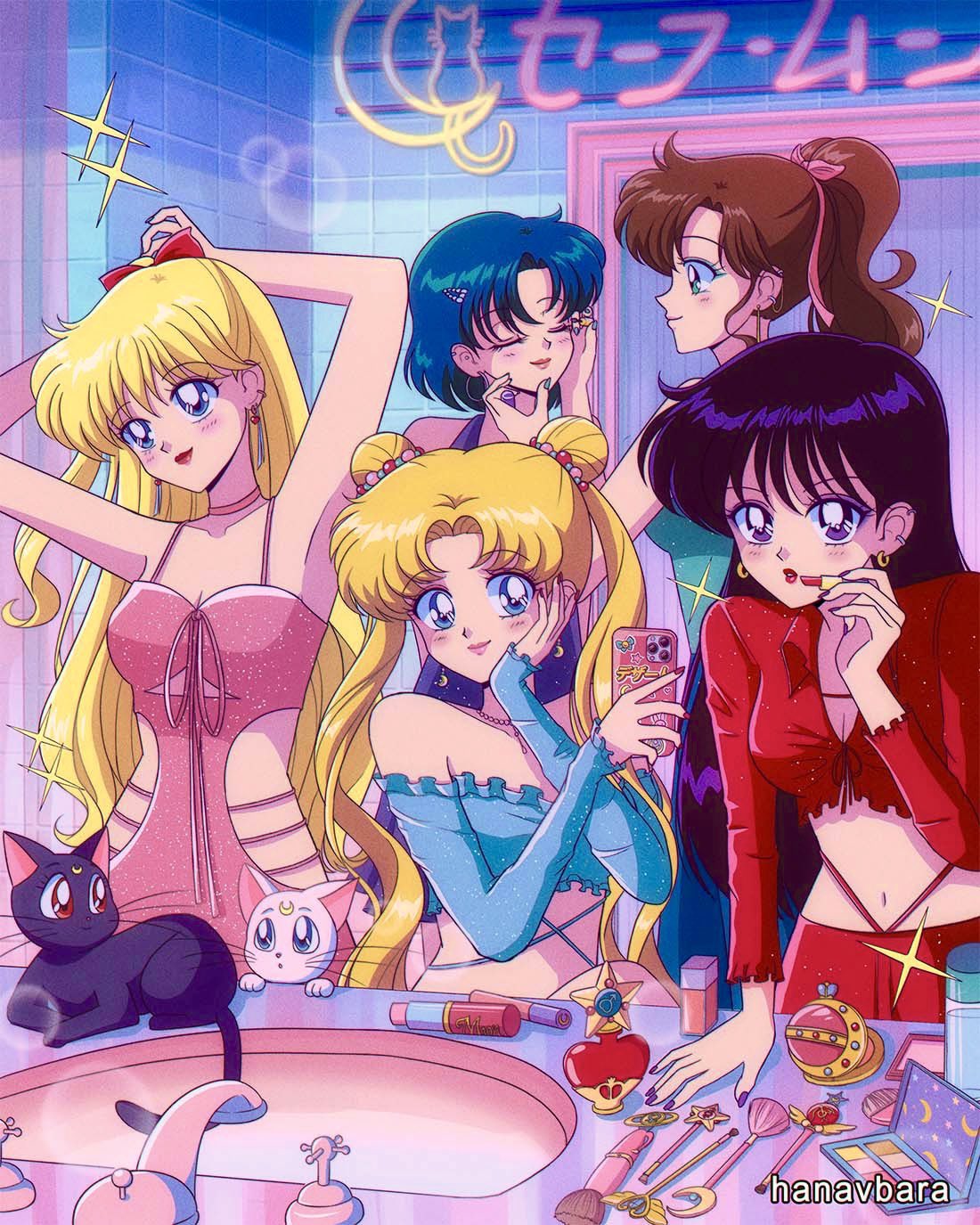 5girls aino_minako applying_makeup artemis_(sailor_moon) bangs bishoujo_senshi_sailor_moon blonde_hair blue_dress blue_eyes blue_hair blue_shirt bow breasts brown_hair cellphone cleavage crop_top double_bun dress green_eyes hair_bobbles hair_bow hair_bun hair_ornament hanavbara highres hino_rei indoors inner_senshi kino_makoto lipstick long_hair luna_(sailor_moon) makeup medium_breasts medium_hair midriff mizuno_ami multiple_girls navel parted_bangs phone pink_dress ponytail purple_dress purple_eyes purple_hair red_bow red_dress revealing_clothes shirt short_hair sidelocks smartphone swept_bangs tsukino_usagi twintails very_long_hair