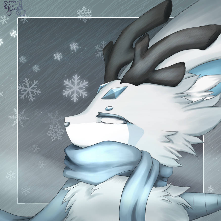 ambiguous_gender antlers big_ears blue_inner_ear canid canine compression_artifacts digital_media_(artwork) empty_eyes feral fur horn inner_ear_fluff mammal rice_inari scarf signature simple_background snowflake solo tuft white_body white_fur white_inner_ear_fluff