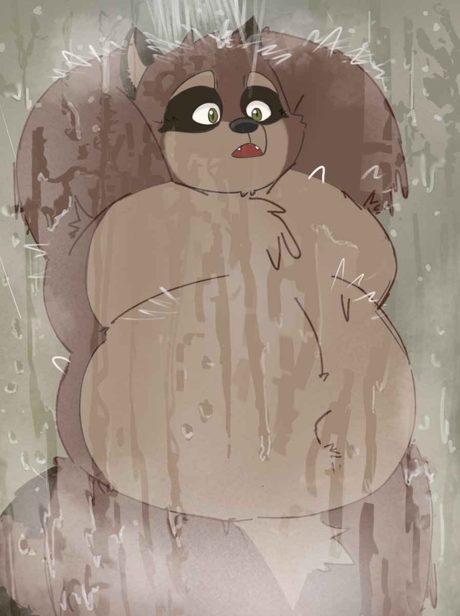 2023 anthro bathing belly big_belly brown_body hi_res jamiephut kemono male mammal moobs overweight overweight_male procyonid raccoon solo water