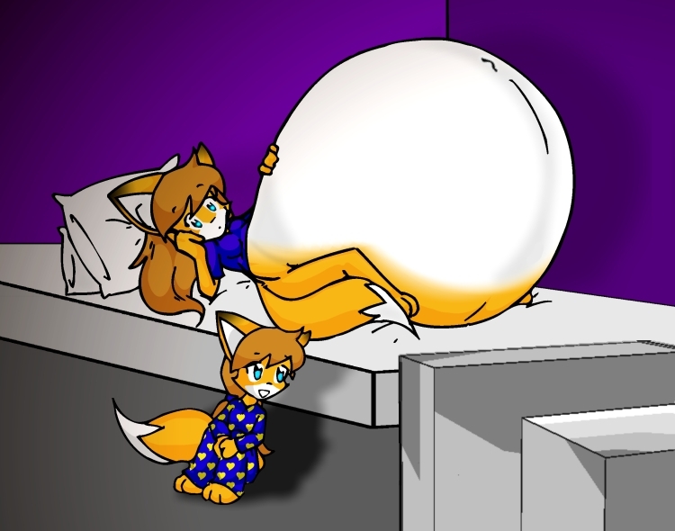 anthro belly big_belly canid canine clothing duo female fox hyper hyper_belly mammal pajamas pantsless pregnant pregnant_female saburox sibling sister sisters watching_tv