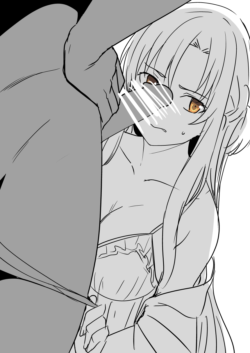 1boy 1girl agil_(sao-alo) asuna_(sao) breasts dark_skin h2o_(ddks2923) highres interracial large_breasts large_penis lingerie long_hair looking_to_the_side monochrome netorare non-web_source penis sword_art_online underwear undressing_another unsure very_long_hair