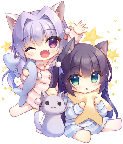 2girls :o ;d animal_ears bangs barefoot black_hair cat_ears chibi commentary_request fang green_eyes hair_between_eyes hood hood_down hoodie long_sleeves lowres multiple_girls object_hug one_eye_closed original parted_lips pillow pillow_hug purple_eyes purple_hair simple_background sitting skirt smile star_pillow starry_background striped striped_hoodie striped_skirt stuffed_animal stuffed_fish stuffed_toy white_background yukie_(peach_candy)