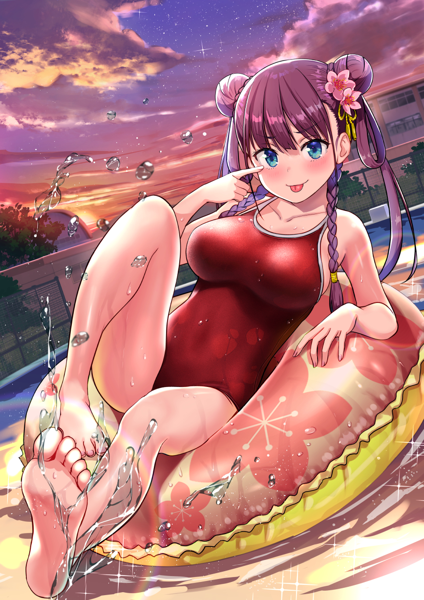 1girl akanbe barefoot braid building chain-link_fence cloud commentary_request competition_school_swimsuit double_bun fence flower hair_bun hair_flower hair_ornament highres innertube looking_at_viewer new_school_swimsuit one-piece_swimsuit orange_sky original pool red_one-piece_swimsuit school_swimsuit side_braids sky soles solo splashing sunset swimsuit tongue tongue_out twin_braids wakana_hanabi water