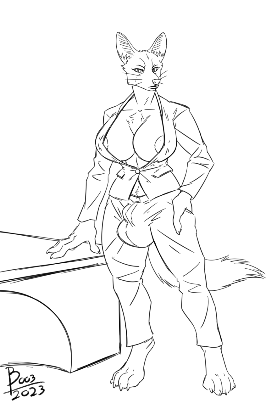 anthro big_breasts boo3 breasts bulge business_suit canid canine canis cleavage clothed clothing desk furniture genitals gynomorph hi_res hyper hyper_genitalia intersex jackal jekyll_black mammal nipples no_bra_under_clothes solo suit supervillain table