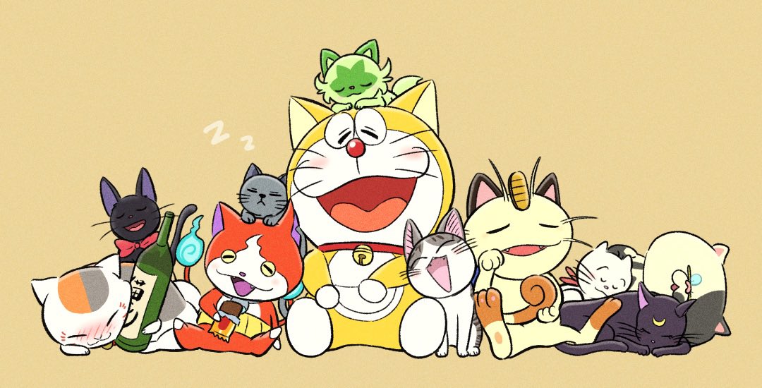 :&lt; ^_^ animal_focus animal_on_head bell bishoujo_senshi_sailor_moon black_cat blue_fire blush bottle bow bowtie calico cat cat_day cat_on_head character_request chi's_sweet_home chi_(character) closed_eyes closed_mouth copyright_request crossover doraemon doraemon_(character) drunk fire flame-tipped_tail food hand_up happy haramaki holding holding_bottle holding_food holding_own_tail jibanyan jiji_(majo_no_takkyuubin) jingle_bell judd_(splatoon) leaning_to_the_side luna_(sailor_moon) lying majo_no_takkyuubin masser0209 meowth multiple_crossover multiple_tails natsume_yuujinchou neck_bell no_humans nose_bubble notched_ear nuzzle nyanko on_head on_side open_mouth pokemon pokemon_(game) red_bow red_bowtie sake_bottle side-by-side simple_background sitting sleeping sleeping_upright splatoon_(series) splatoon_1 sprigatito tail trait_connection two_tails yellow_background youkai_watch zzz