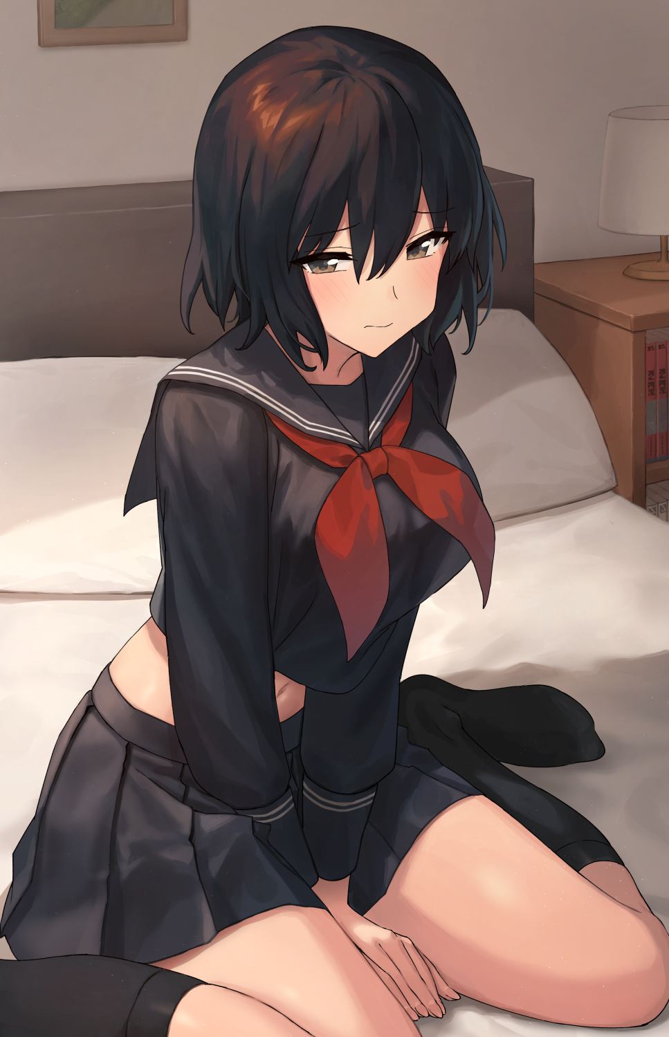 1girl arm_support bad_link bangs between_legs black_hair black_sailor_collar black_serafuku black_shirt black_skirt black_socks blush breasts brown_eyes chorefuji closed_mouth commentary_request cropped_shirt hand_between_legs highres indoors long_sleeves navel neckerchief nightstand on_bed original own_hands_together pillow pleated_skirt red_neckerchief sailor_collar school_uniform serafuku shirt short_hair sitting skirt socks solo
