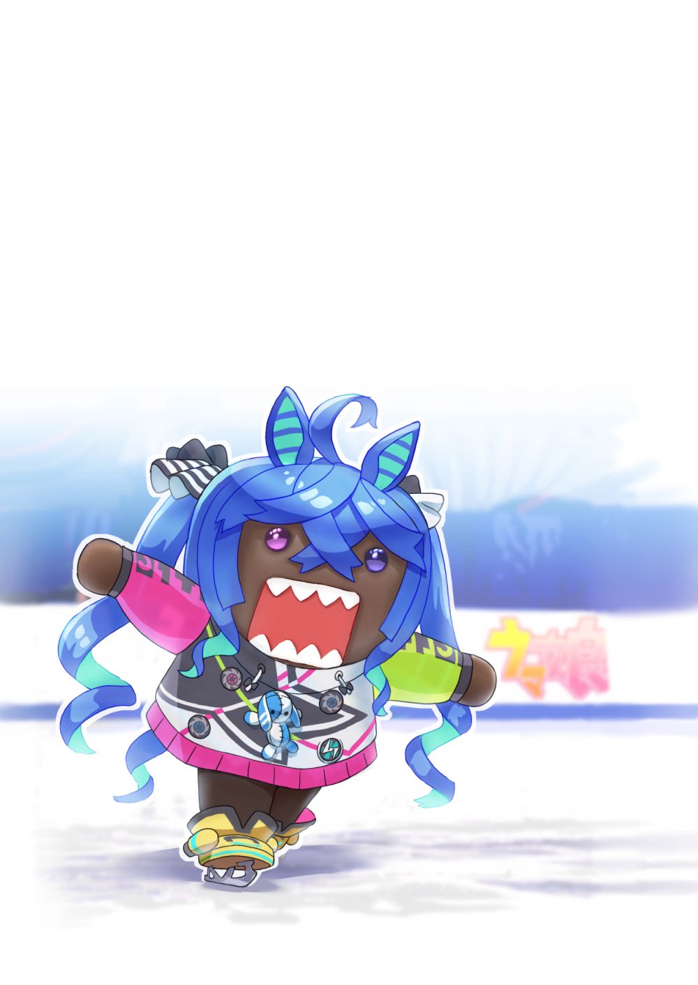 1other ahoge animal_ears bangs blue_eyes blue_hair boots cosplay crossed_bangs domo-kun heterochromia highres hood hoodie horse_ears ice_skates long_hair nippon_housou_kyoukai open_mouth outstretched_arms purple_eyes sakurai_shizuku_(mimipull) sharp_teeth skates skating spread_arms stuffed_animal stuffed_rabbit stuffed_toy teeth twin_turbo_(umamusume) twin_turbo_(umamusume)_(cosplay) twintails umamusume yellow_footwear