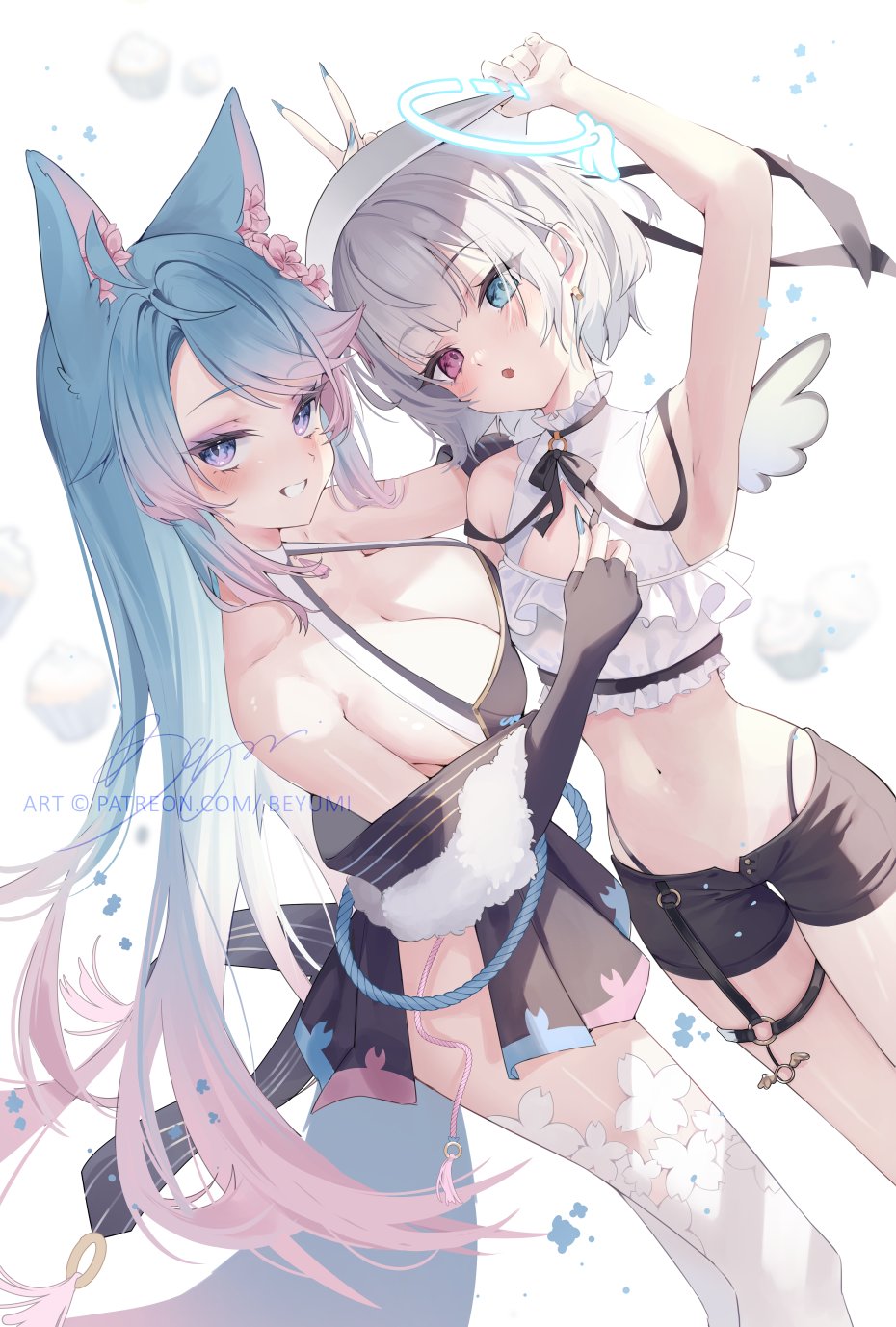 2girls amemiya_nazuna angel angel_wings animal_ears arm_up armpits bangs bare_arms bare_shoulders beyumi black_dress black_gloves black_shawl black_shorts blue_eyes blue_hair blue_nails breasts broken_halo cleavage cleavage_cutout clothing_cutout crop_top detached_wings dress elbow_gloves eyeshadow fingerless_gloves fingernails flower frilled_shirt frills gloves gradient_hair grin hair_flower hair_ornament halo halterneck hat heterochromia highleg highres large_breasts long_hair looking_at_viewer makeup midriff multicolored_hair multiple_girls nail_polish navel off_shoulder open_mouth panty_straps pink_eyes pleated_dress sharp_fingernails shawl shirt short_hair short_shorts shorts side_slit silvervale sleeveless sleeveless_dress sleeveless_shirt small_breasts smile stomach strap_gap swept_bangs tail thigh_strap thighhighs thighs unbuttoned_shorts very_long_hair virtual_youtuber vshojo white_hair white_headwear white_shirt white_thighhighs wings wolf_ears wolf_girl wolf_tail