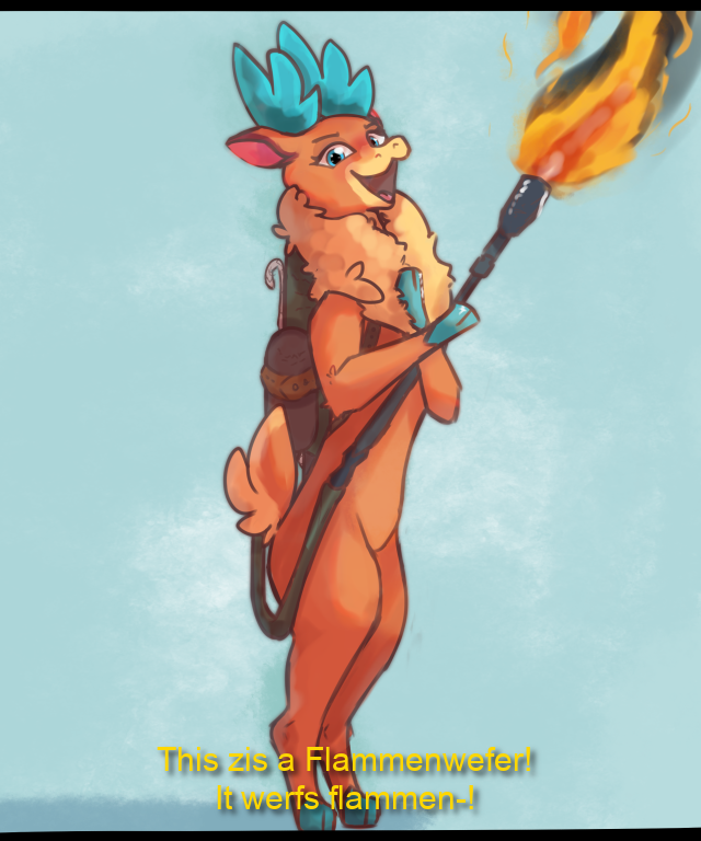 antlers bipedal_feral blue_antlers blue_hooves capreoline cloven_hooves countershade_fur countershading deer digital_media_(artwork) digital_painting_(artwork) female feral fire flamethrower full-length_portrait fur holding_object holding_weapon hooves horn looking_at_viewer mammal open_mouth portrait ranged_weapon reindeer scut_tail short_tail solo tail tan_body tan_fur text them's_fightin'_herds velvet_reindeer_(tfh) weapon xurora