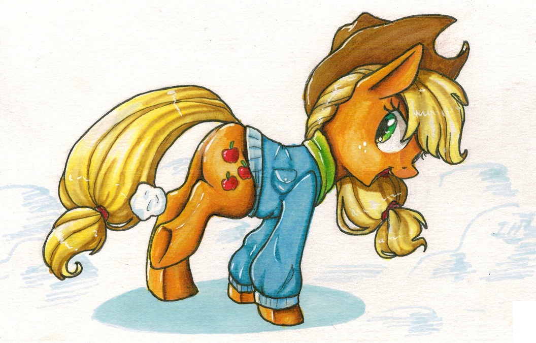 2015 applejack_(mlp) blonde_hair butt clothed clothed_feral clothing cowboy_hat cutie_mark earth_pony equid equine female feral friendship_is_magic full-length_portrait green_eyes hair hasbro hat headgear headwear hooves horse jacket mammal my_little_pony open_mouth open_smile orange_body pony portrait quadruped smile snow snowball solo tail theorderofalisikus topwear traditional_media_(artwork) underhoof yellow_tail