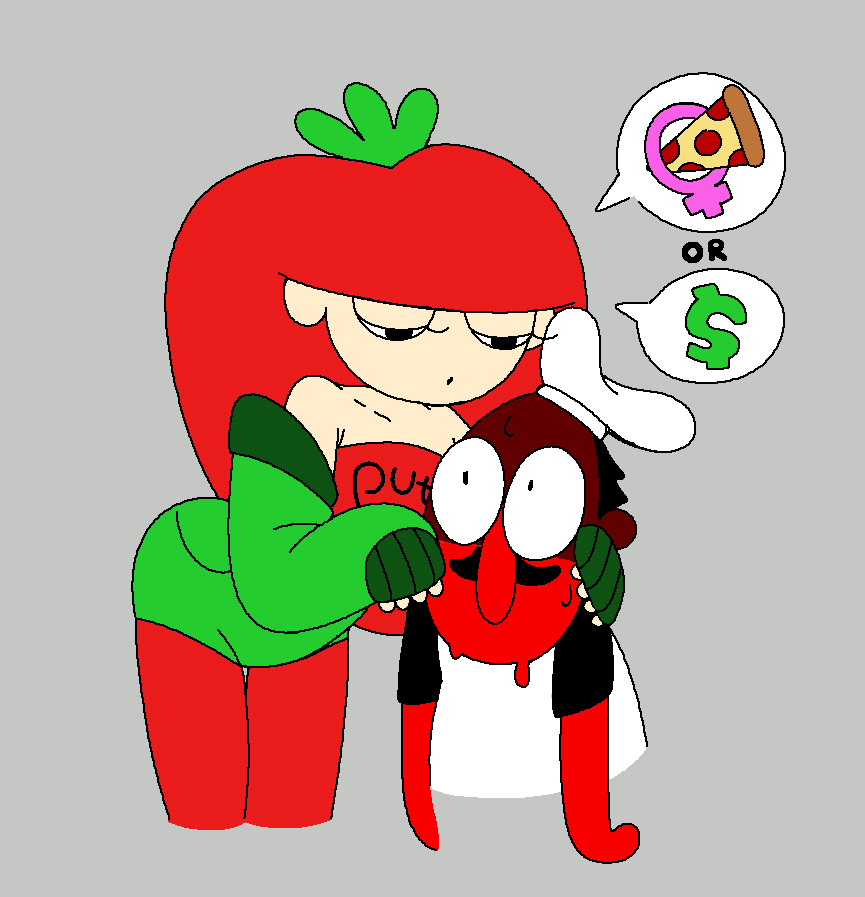 apron blush clothing currency_symbol dollar_sign duo female food food_creature fruit holding_arm human humanoid innuendo male male/female mammal minus8 peppino pizza_tower plant symbol tomato tomato_toppin toque