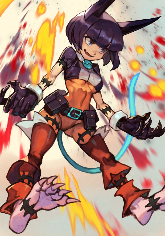 1girl alternate_color bangs belt black_gloves black_hair black_shirt blue_eyes blunt_bangs character_request check_character claws covered_navel fang full_body gloves hungry_clicker midriff ms._fortune_(skullgirls) parted_lips shirt short_hair short_sleeves skullgirls smile solo tail