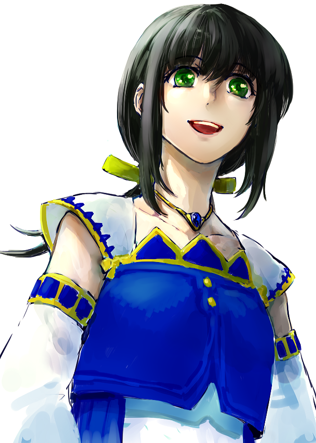 1girl :d black_hair detached_sleeves gensou_suikoden gensou_suikoden_v green_eyes ikunosake jewelry long_hair long_sleeves looking_at_viewer necklace open_mouth simple_background smile solo viki_(suikoden) white_background