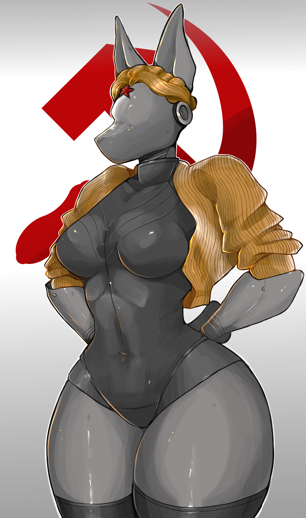 anthro atomic_heart blonde_hair canid canine canis clothing dobermann docked_tail domestic_dog faceless female glistening glistening_body grey_body hair hands_behind_back hi_res honeybunnie jacket machine mammal pinscher robot russian short_tail simple_background slim small_waist solo star tail the_twins_(atomic_heart) topwear white_background