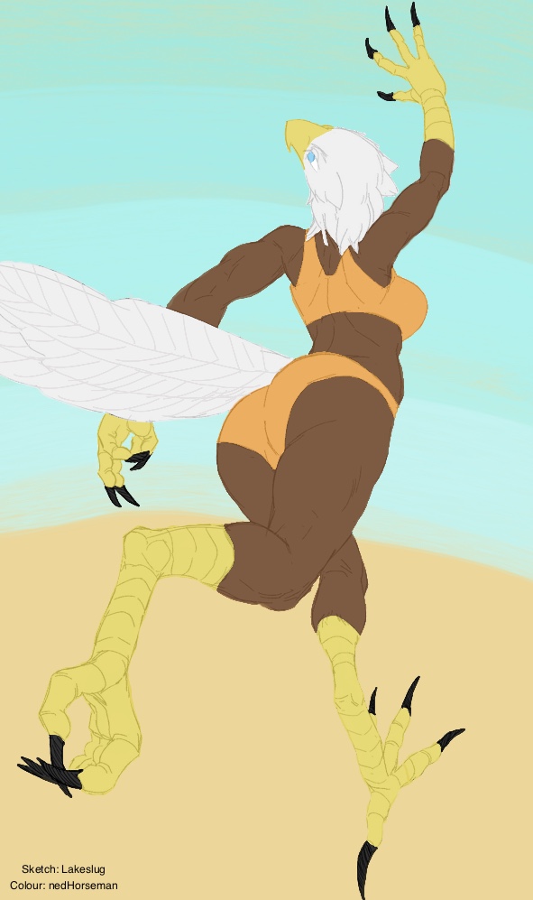 accipitrid accipitriform action_pose anthro avian bikini bird bra brown_body brown_feathers claws clothed clothing color_edit colored eagle edit feathers female lakeslug ned_horseman_(artist) orange_clothing outside panties pose solo swimwear underwear white_body white_feathers