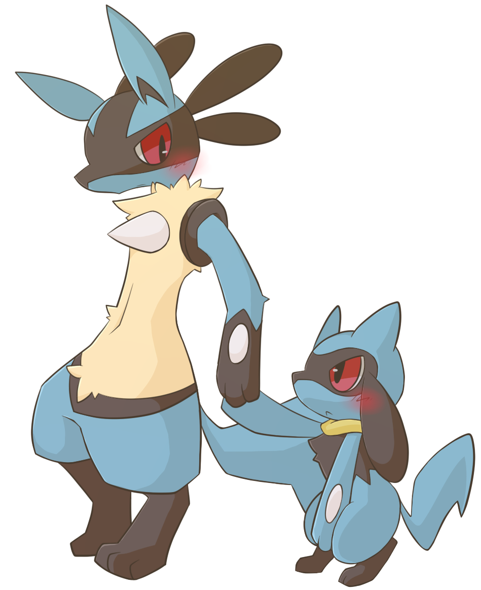 anthro blush canid chest_spike hand_holding holding_crotch looking_at_another lucario mammal nintendo paws pok&eacute;mon pok&eacute;mon_(species) riolu shin_(artist) standing video_games