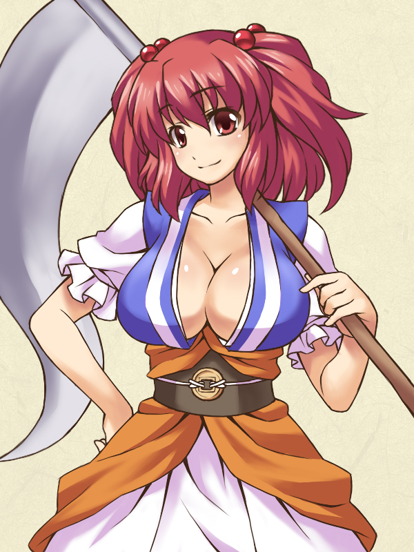 breasts cleavage hair_bobbles hair_ornament large_breasts md5_mismatch nemou onozuka_komachi red_eyes red_hair scythe short_hair smile solo touhou two_side_up weapon