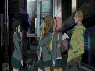 1boy 4girls animated animated_gif close curious durarara!! gif looking_at_viewer low_quality lowres multiple_girls qvga sonohara_anri