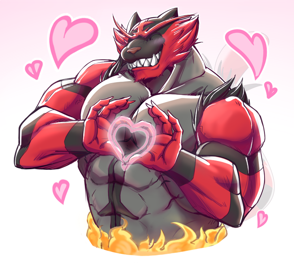 &lt;3 2019 5_fingers abs alpha_channel anthro belly_markings biceps biped black_fur black_markings black_stripes black_tail blush border brown_nose cheek_tuft claws daily-incineroar digital_drawing_(artwork) digital_media_(artwork) eyebrows eyes_closed facial_markings fangs felid fire forehead_markings front_view fur fur_tuft gesture gradient_background grey_fur half-length_portrait hand_heart happy in_love incineroar lighting long_tail male mammal markings multicolored_fur muscular muscular_male nintendo nude pantherine pecs pink_background pok&eacute;mon pok&eacute;mon_(species) portrait reaction_image red_eyebrows red_fur red_markings red_tail shadow sharp_teeth shoulder_tuft simple_background smile snout solo striped_fur striped_tail stripes teeth transparent_border triceps tuft two_tone_tail unibrow video_games white_background white_claws