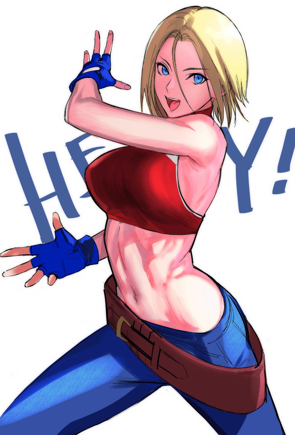 1girl :d abs bare_shoulders belt blonde_hair blue_eyes blue_mary breasts commentary crop_top fatal_fury fingerless_gloves gloves halterneck highres looking_at_viewer medium_breasts midriff navel pants short_hair sleeveless smile solo straight_hair tetsu_(kimuchi) the_king_of_fighters toned white_background