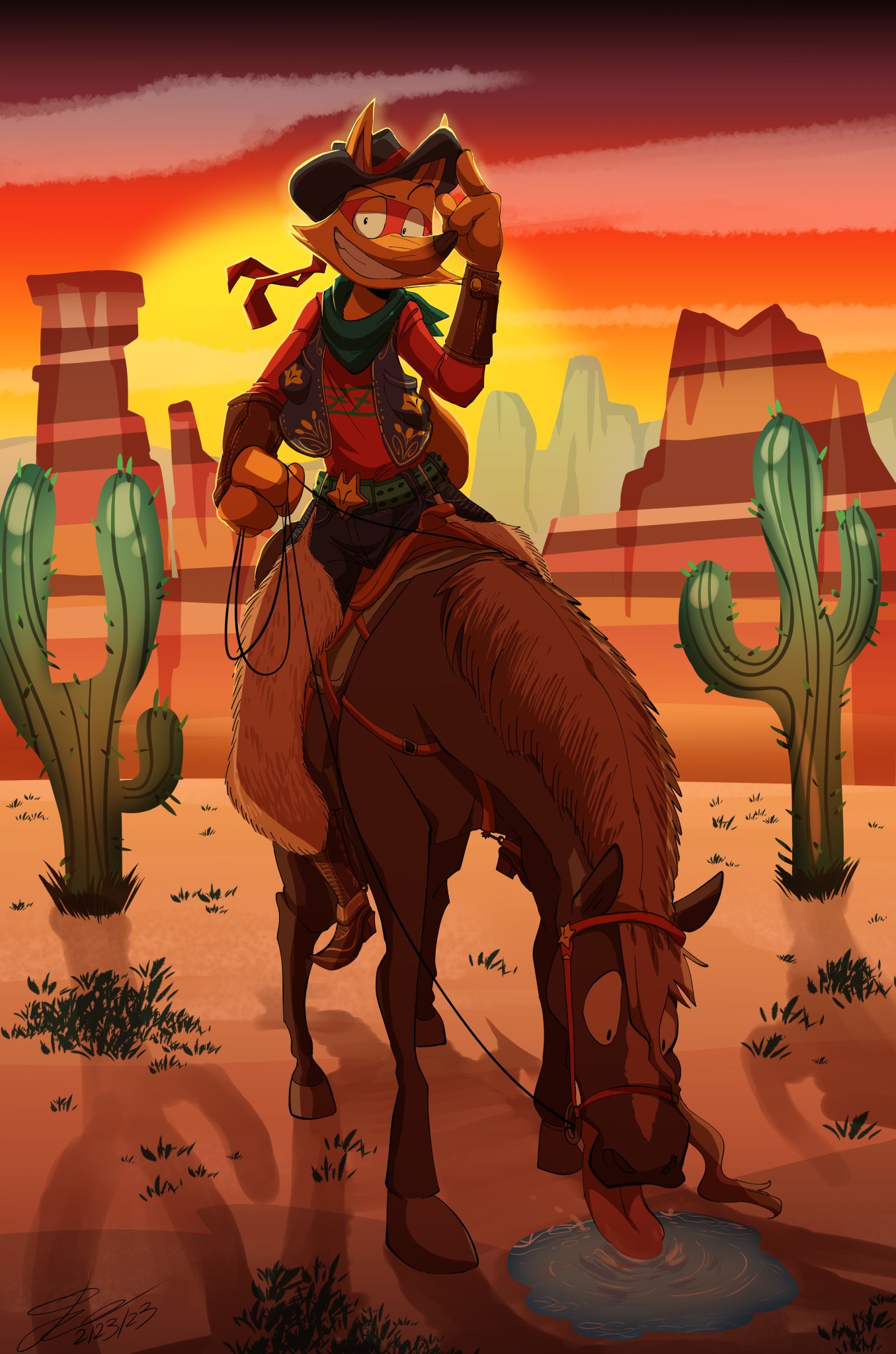 3_fingers anthro boots brown_body brown_fur cactus canid canine canyon clothing cowboy cowboy_boots cowboy_hat crimmy desert equid equine feral fingers footwear fox fur hat headgear headwear hi_res horse kaiketsu_zorori looking_at_viewer male mammal plant puddle red_clothing red_shirt red_topwear shaded shirt smile smiling_at_viewer solo sunset tongue tongue_out topwear water yellow_body yellow_fur zorori