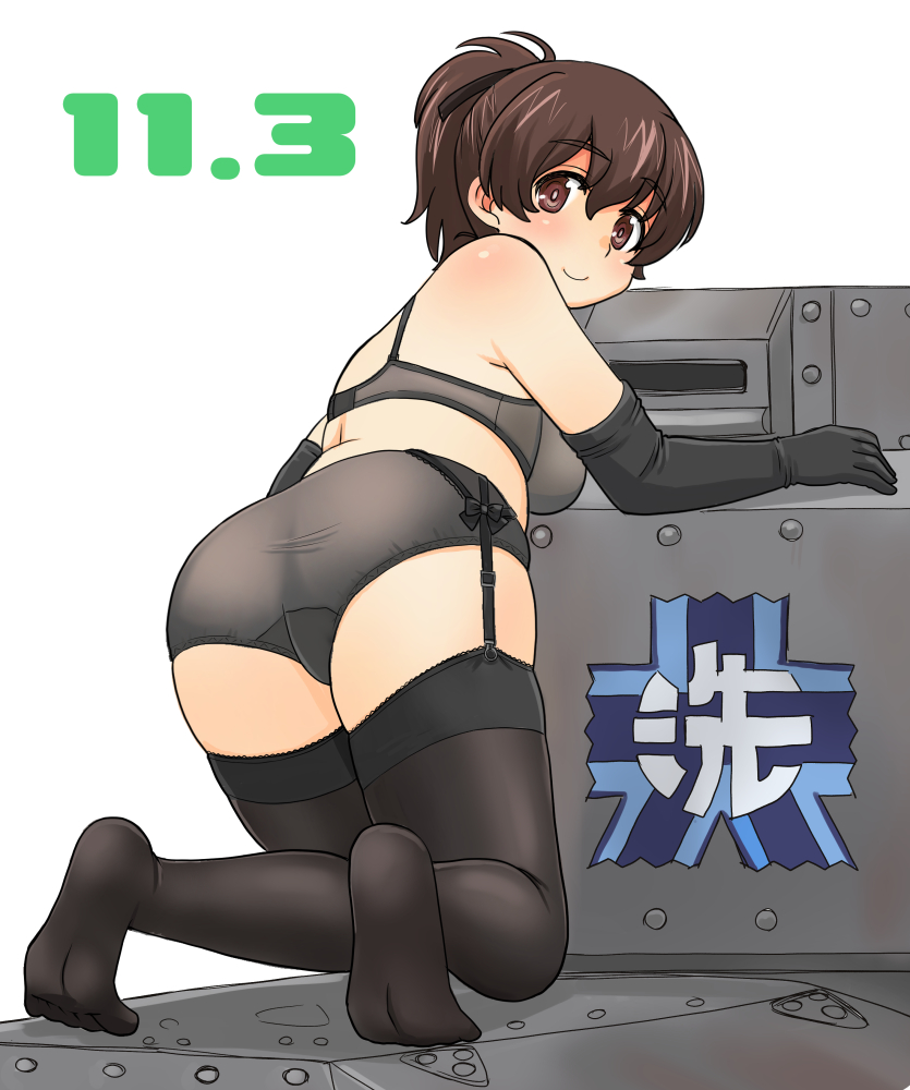 1girl ass black_bra black_gloves black_panties black_thighhighs blush bra brown_eyes brown_hair closed_mouth dated elbow_gloves garter_straps girls_und_panzer gloves ground_vehicle hair_ribbon koyama_yuzu looking_at_viewer looking_back military military_vehicle motor_vehicle panties ponytail ribbon short_hair simple_background soles solo tank thighhighs underwear uona_telepin white_background