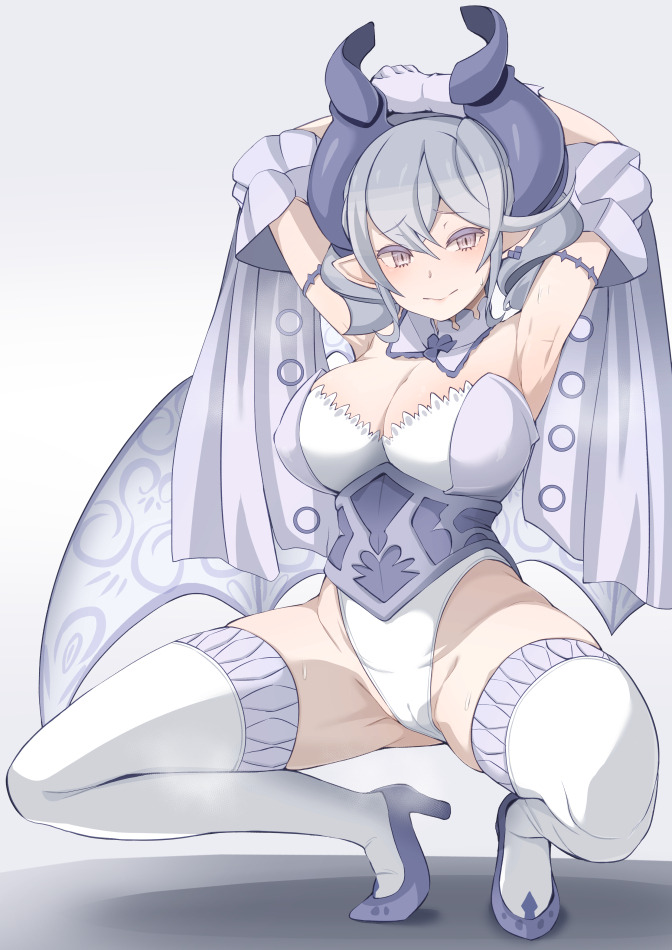 1girl armpits arms_up breasts cleavage demon_girl demon_horns demon_wings duel_monster earrings garoudo_(kadouhan'i) grey_eyes highleg horns jewelry large_breasts looking_at_viewer lovely_labrynth_of_the_silver_castle low_wings multiple_wings presenting_armpit squatting sweat sweatdrop thighhighs thighs wings yu-gi-oh!