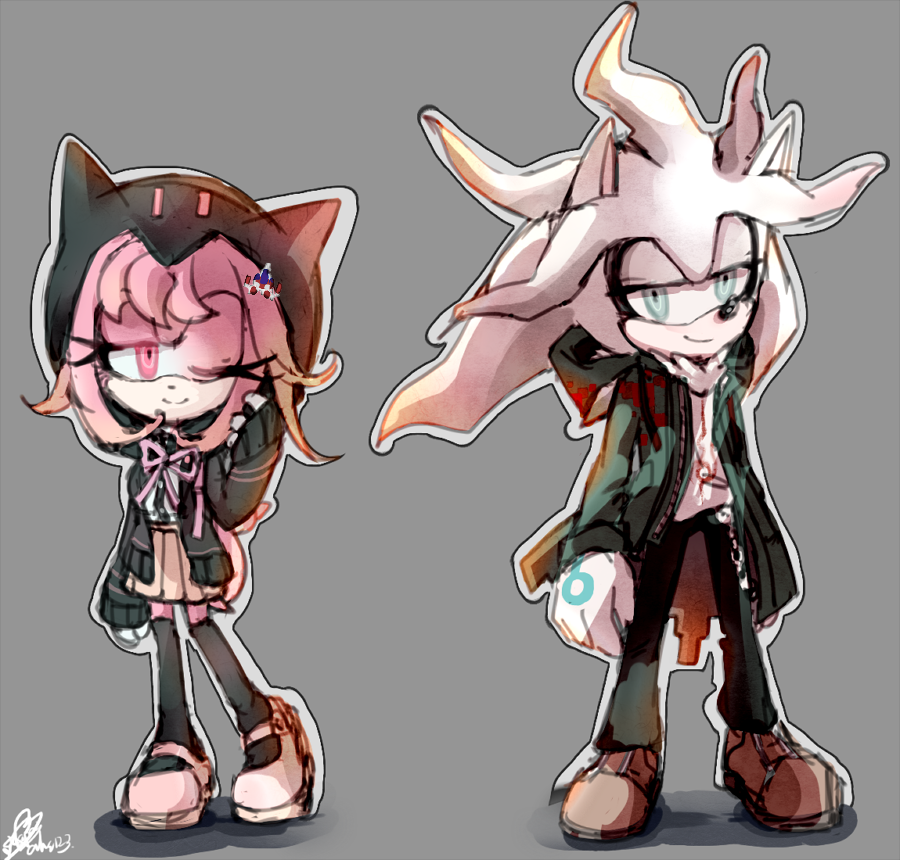 1boy 1girl amy_rose cosplay crossover danganronpa_(series) danganronpa_2:_goodbye_despair full_body furry furry_female furry_male hood hood_up jacket komaeda_nagito komaeda_nagito_(cosplay) nanami_chiaki nanami_chiaki_(cosplay) pink_eyes silver_the_hedgehog smile sonic_(series) standing ziver