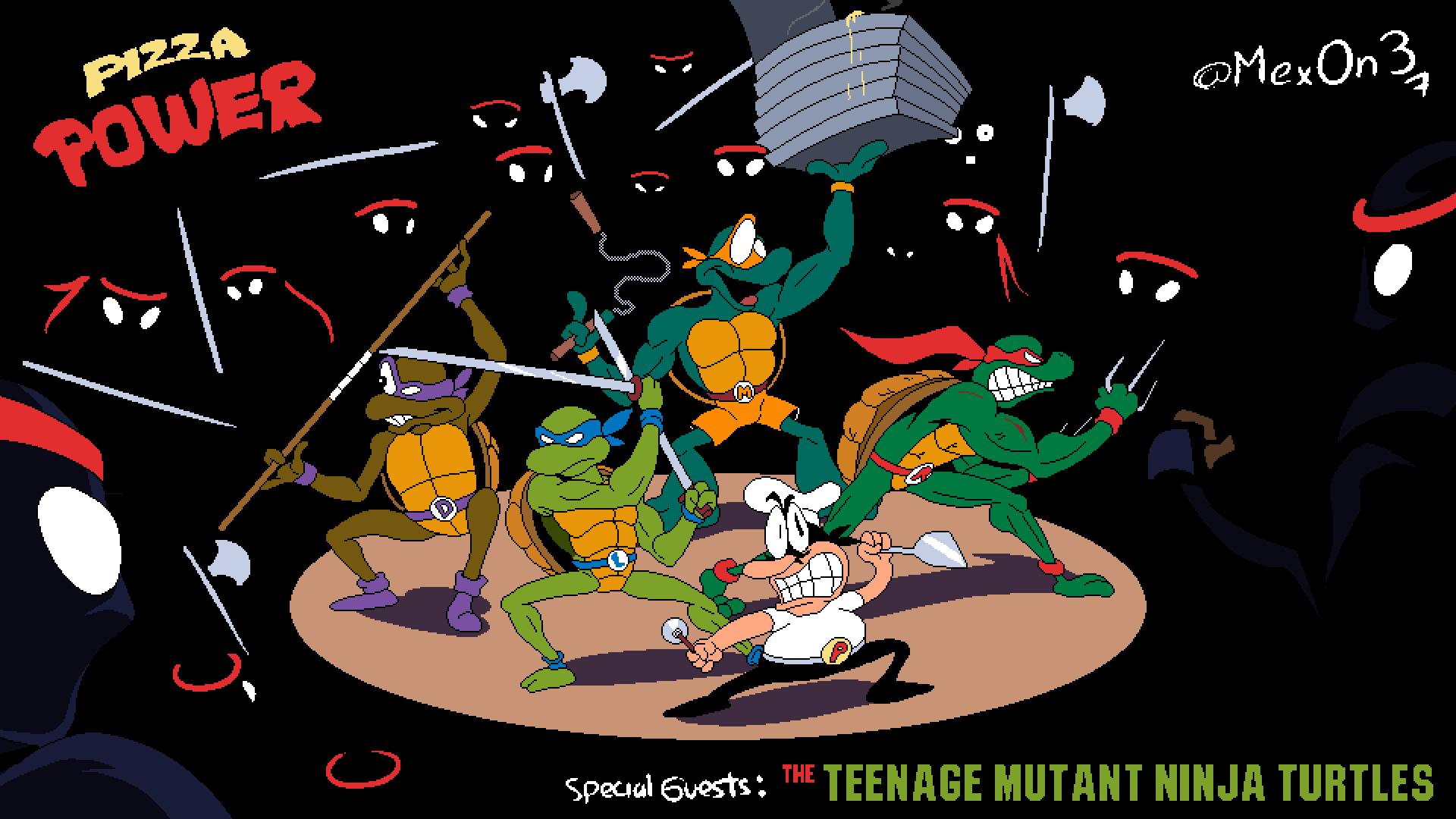 action_pose anthro clothed clothing crossover donatello_(tmnt) fight food foot_soldier_(tmnt) group hi_res holding_object holding_weapon human leonardo_(tmnt) male mammal mex0n3 michelangelo_(tmnt) peppino pizza pizza_tower pose raphael_(tmnt) reptile scalie teenage_mutant_ninja_turtles turtle weapon