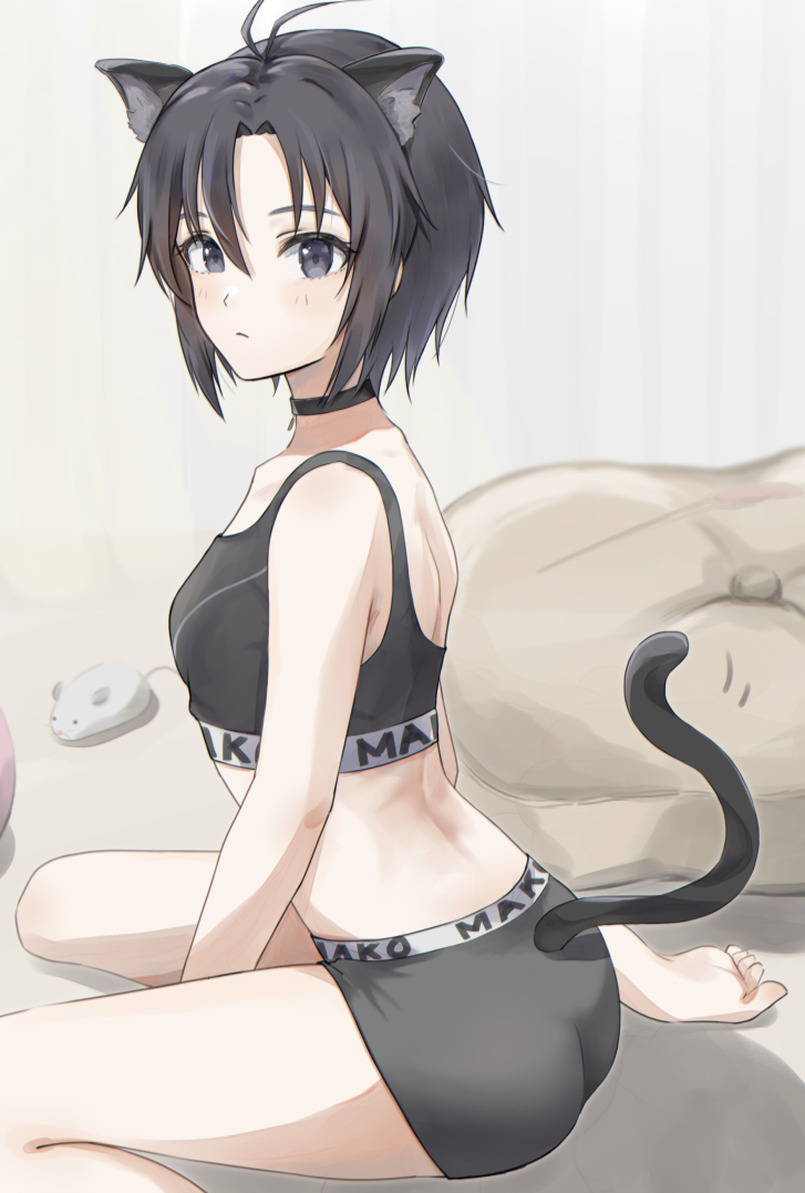 1girl animal_ear_fluff animal_ears antenna_hair arm_between_legs bangs bare_back barefoot bean_bag_chair between_legs black_choker black_eyes black_hair black_panties black_sports_bra blush breasts cat_ears cat_girl cat_tail character_name choker clothes_writing collarbone commentary curtains expressionless extra_ears from_side hair_between_eyes idolmaster idolmaster_(classic) idolmaster_2 kemonomimi_mode kikuchi_makoto light_blush living_room looking_at_viewer looking_to_the_side midriff mogskg motion_lines on_floor panties short_hair sitting small_breasts soles solo sports_bra tail toes tomboy toy_mouse underwear underwear_only very_short_hair wariza