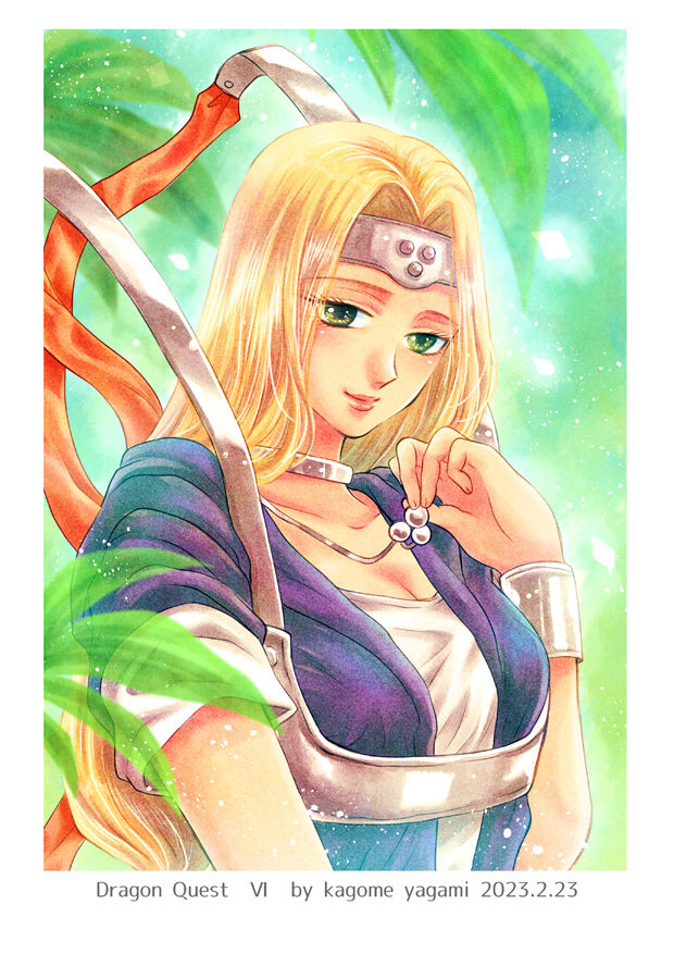 1girl artist_name bangs blonde_hair bracelet breasts circlet closed_mouth dated defense_zero dragon_quest dragon_quest_vi dress green_eyes hair_intakes hand_up holding holding_jewelry holding_necklace jewelry leaf lips long_hair looking_at_viewer medium_breasts mireyu neck_ring necklace parted_bangs ribbon short_sleeves smile solo upper_body