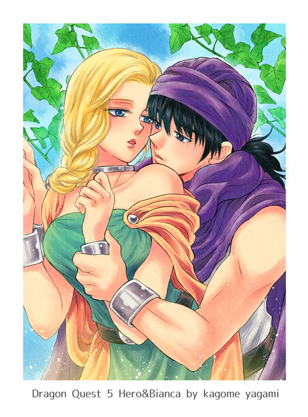 1boy 1girl artist_name bangs bare_shoulders belt bianca_(dq5) black_hair blonde_hair blue_eyes blue_sky bracelet braid breasts cape character_name collarbone commentary_request couple defense_zero dragon_quest dragon_quest_v dress green_dress hair_over_shoulder hero_(dq5) hetero holding_another's_arm holding_hands husband_and_wife jewelry leaf lips long_hair looking_at_another low_ponytail medium_breasts neck_ring orange_cape parted_lips purple_cape purple_headwear single_braid sky turban upper_body