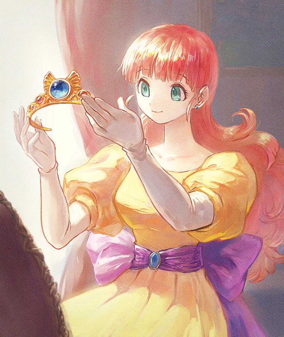 1girl bangs blue_eyes blue_gemstone breasts closed_mouth curly_hair dragon_quest dragon_quest_i dress earrings elbow_gloves gem gloves hands_up holding_tiara indoors jewelry long_hair medium_breasts orange_hair princess princess_laura puffy_sleeves purple_ribbon ribbon sash short_sleeves sitting smile solo tiara white_gloves yellow_dress yuza