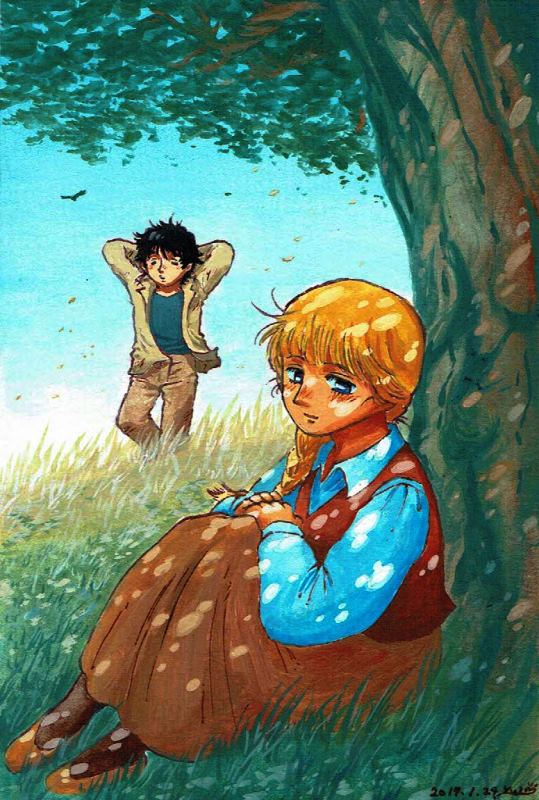 1boy 1girl acrylic_paint_(medium) arms_behind_head bird blonde_hair blue_shirt blush braid brown_footwear brown_hair brown_pants brown_skirt brown_socks brown_vest collared_shirt commentary_request grass grey_jacket ishi_no_hana jacket leaf long_hair long_skirt official_style on_grass painting_(medium) pants shirt shoes sitting skirt socks soda_candy_seasong standing traditional_media tree under_tree vest yugoslavia
