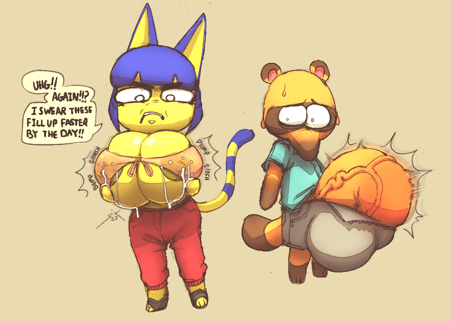 animal_crossing ankha_(animal_crossing) anthro areola balls balls_outline big_balls big_breasts big_penis blue_hair bodily_fluids bottomwear breasts brown_areola brown_body bursting_out_of_clothing canid canine clothing dipstick_tail domestic_cat duo english_text exclamation_point felid feline felis female footwear frown genital_outline genitals hair huge_balls huge_breasts huge_penis hyper hyper_balls hyper_genitalia hyper_penis lactating lactating_through_clothing leg_markings male mammal markings milk nintendo pants penis question_mark raccoon_dog sandals shirt shorts sixsidesofmyhead socks_(marking) striped_markings striped_tail stripes tail tail_markings tanuki text tom_nook_(animal_crossing) topwear wet wet_clothing yellow_body