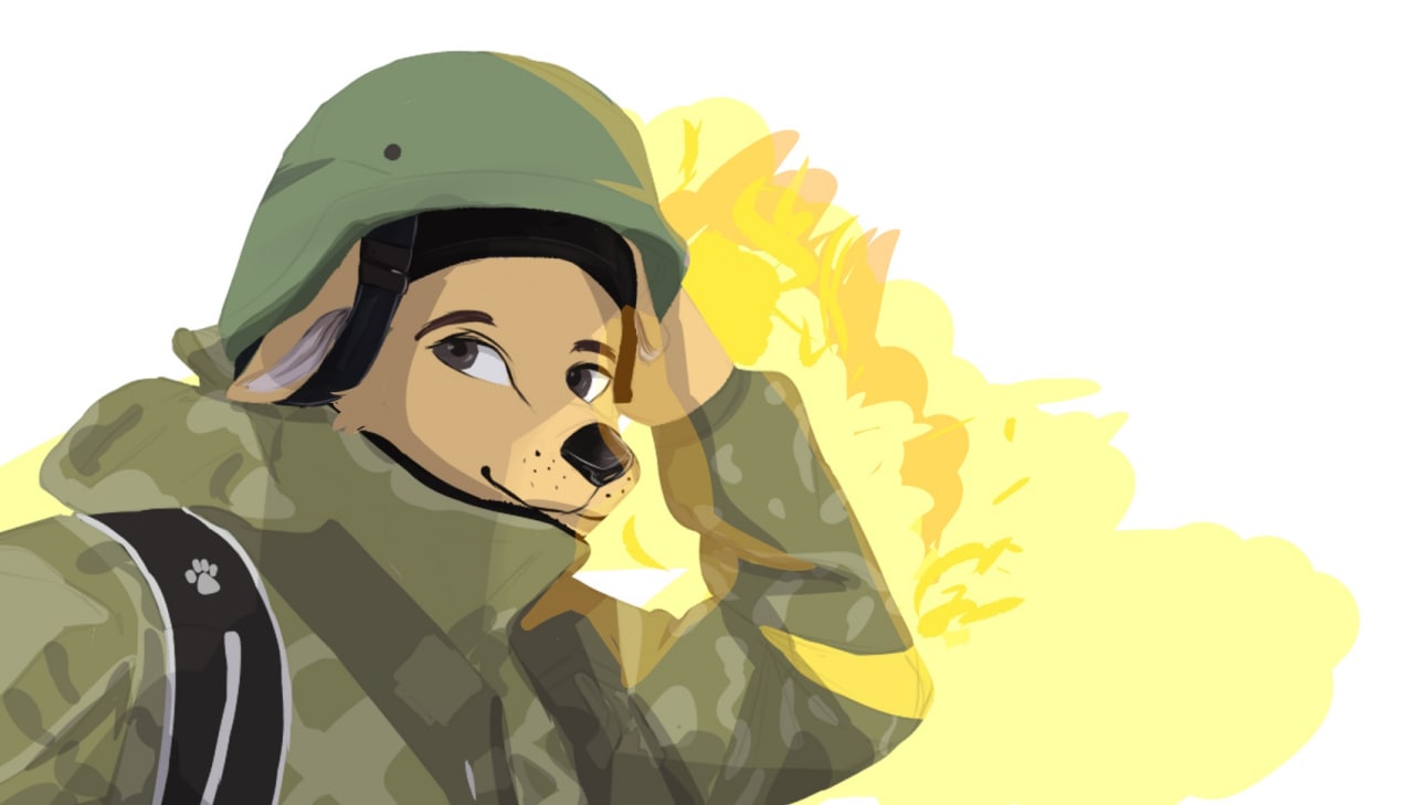 2022 anthro armor backpack black_nose brown_eyes canid canine canis clothing domestic_dog fur furgonomic_headwear headgear helmet looking_at_viewer male mammal military military_helmet military_uniform pink_inner_ear politics russo-ukrainian_war simple_background soldier soldier_uniform solo tokohoyko ukraine ukrainian uniform war warrior white_background yellow_body yellow_fur
