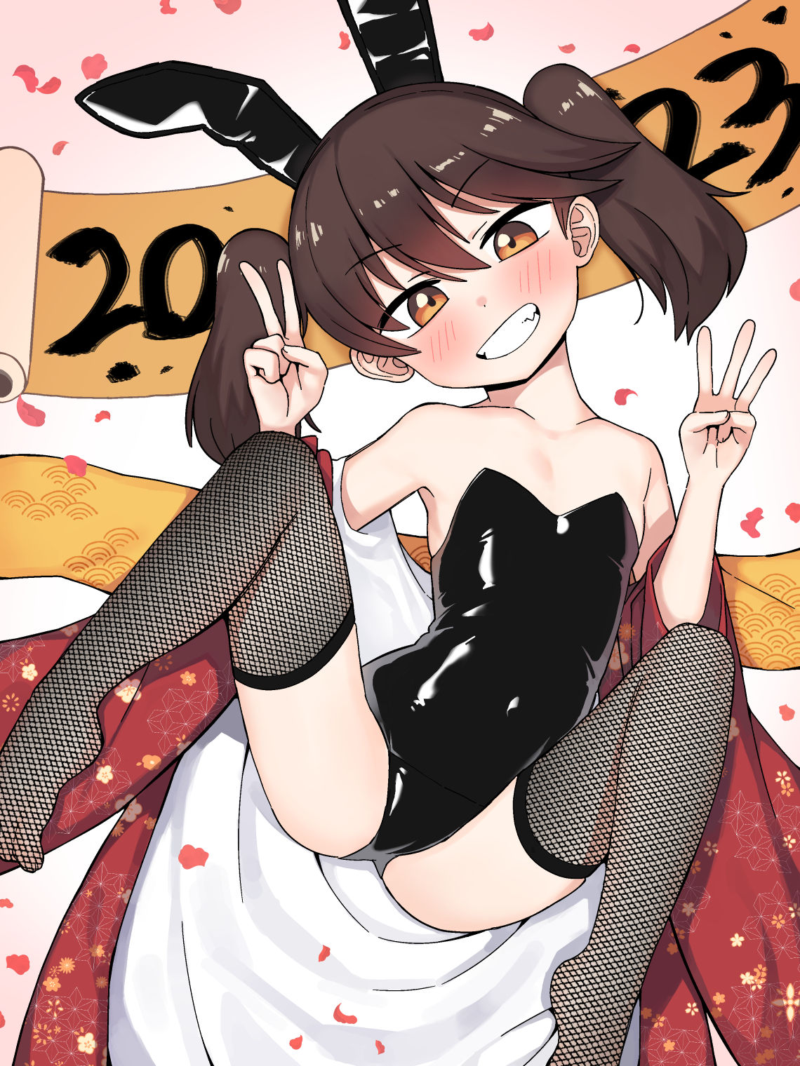 2023 animal_ears bangs bare_shoulders black_leotard blush brown_eyes brown_hair chinese_zodiac collarbone commentary english_commentary fake_animal_ears finger_counting fishnet_thighhighs fishnets grin hair_between_eyes hands_up head_tilt highres japanese_clothes kantai_collection kimono knees_up lakilolom legs leotard long_sleeves no_shoes petals playboy_bunny rabbit_ears red_kimono ryuujou_(kancolle) smile solo strapless strapless_leotard thighhighs twintails wide_sleeves year_of_the_rabbit