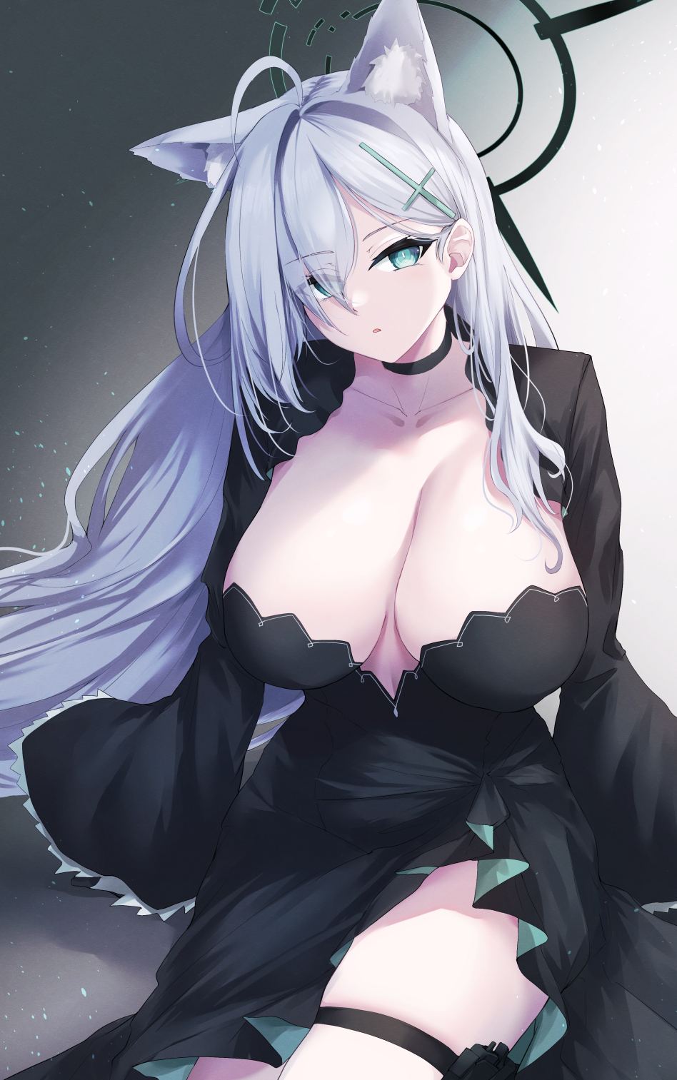 1girl animal_ear_fluff animal_ears bangs black_choker black_dress blue_archive blue_eyes breasts cat_ears character_request choker cleavage collarbone dress grey_hair hair_ornament halo highres ibara_azuki long_hair long_sleeves looking_at_viewer parted_lips shiroko_(terror)_(blue_archive) solo thigh_strap thighs