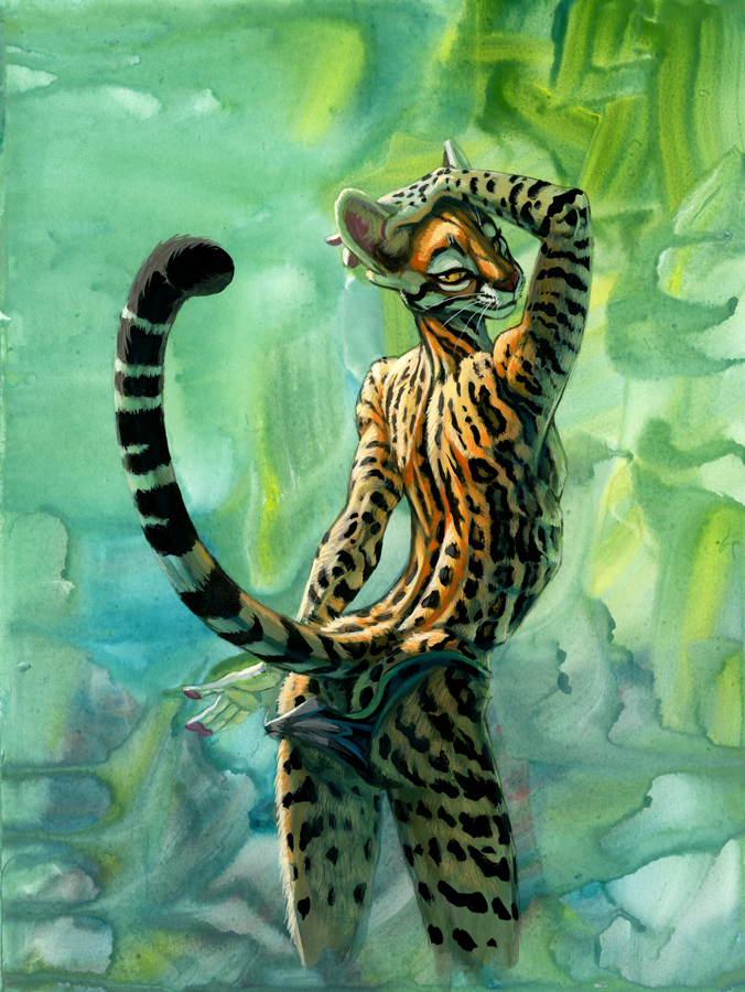 2023 anthro clothed clothing digital_media_(artwork) felid feline fur hibbary leopardus male mammal ocelot solo spots spotted_body spotted_fur standing topless whiskers