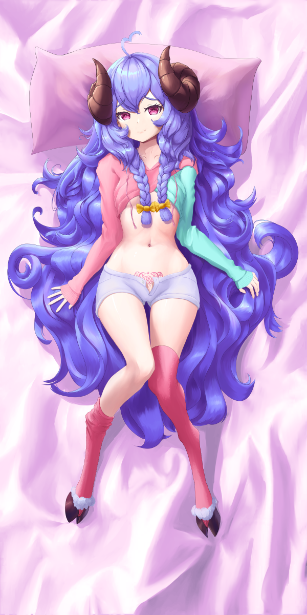 1girl ahoge alternate_costume bangs blue_hair bow braid breasts closed_mouth collarbone crop_top dakimakura_(medium) green_shirt hair_bow heart heart_ahoge highres hooves horns kindred_(league_of_legends) knees_up lamb_(league_of_legends) league_of_legends long_hair looking_at_viewer lying medium_breasts navel on_back open_clothes open_shorts pillow pink_shirt pink_thighhighs pubic_tattoo red_eyes shirt short_shorts shorts solo spirit_blossom_kindred tattoo thighhighs twin_braids two-tone_shirt uranophane very_long_hair yellow_bow