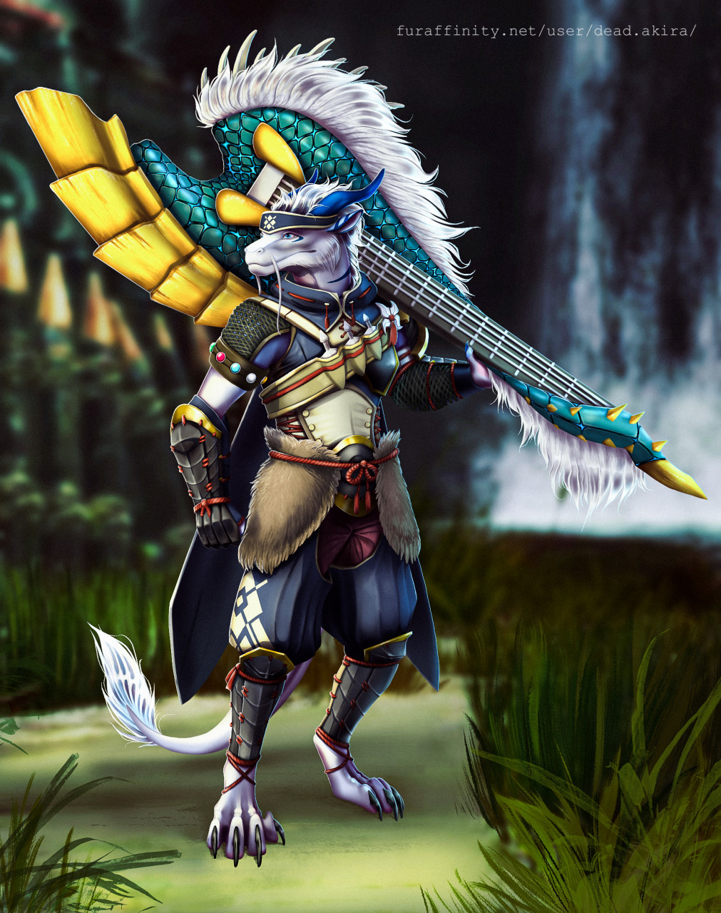 anthro armor armor_plates asian_mythology barbel_(anatomy) blue_eyes capcom claws clothed clothing dead.akira digital_media_(artwork) dragon east_asian_mythology eastern_dragon fanged_wyvern flesh_whiskers forest fur furred_dragon guitar gun hair hi_res holding_object holding_weapon horn hunter hunting_horn jungle male melee_weapon monster_hunter monster_hunter_stories musical_instrument mythology plant plucked_string_instrument ranged_weapon simple_background solo string_instrument sword tail tree video_games warrior waterfall weapon white_body white_fur wolfie-feral zinogre
