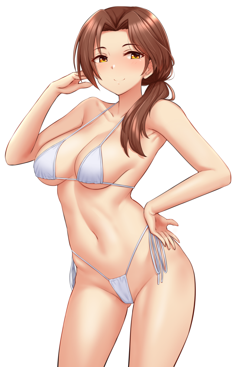 1girl ass_visible_through_thighs bangs bare_arms bare_shoulders bikini blush breasts cleavage closed_mouth collarbone contrapposto cowboy_shot groin hair_over_one_eye hand_on_hip hand_up highleg highleg_bikini highres idolmaster idolmaster_cinderella_girls kawashima_mizuki large_breasts long_hair looking_at_viewer low_ponytail orange_eyes parted_bangs side-tie_bikini_bottom simple_background smile solo swimsuit tomajiyama watch white_background white_bikini wristwatch