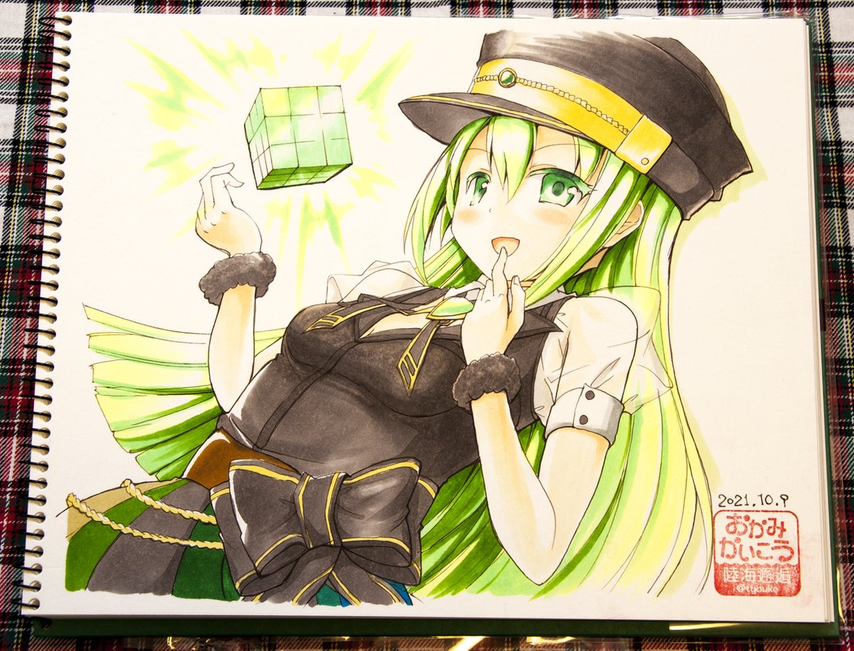 1girl alina_gray black_bow black_headwear black_vest blush bow breasts chain chauke collar finger_to_mouth fur_cuffs gem green_eyes green_gemstone green_hair hair_between_eyes hat long_hair looking_at_viewer magia_record:_mahou_shoujo_madoka_magica_gaiden magical_girl mahou_shoujo_madoka_magica medium_breasts multicolored_clothes multicolored_skirt open_mouth peaked_cap pleated_skirt puffy_short_sleeves puffy_sleeves see-through see-through_sleeves short_sleeves sidelocks skirt smile solo straight_hair striped striped_skirt traditional_media v-neck vertical-striped_skirt vertical_stripes vest waist_bow white_collar white_sleeves