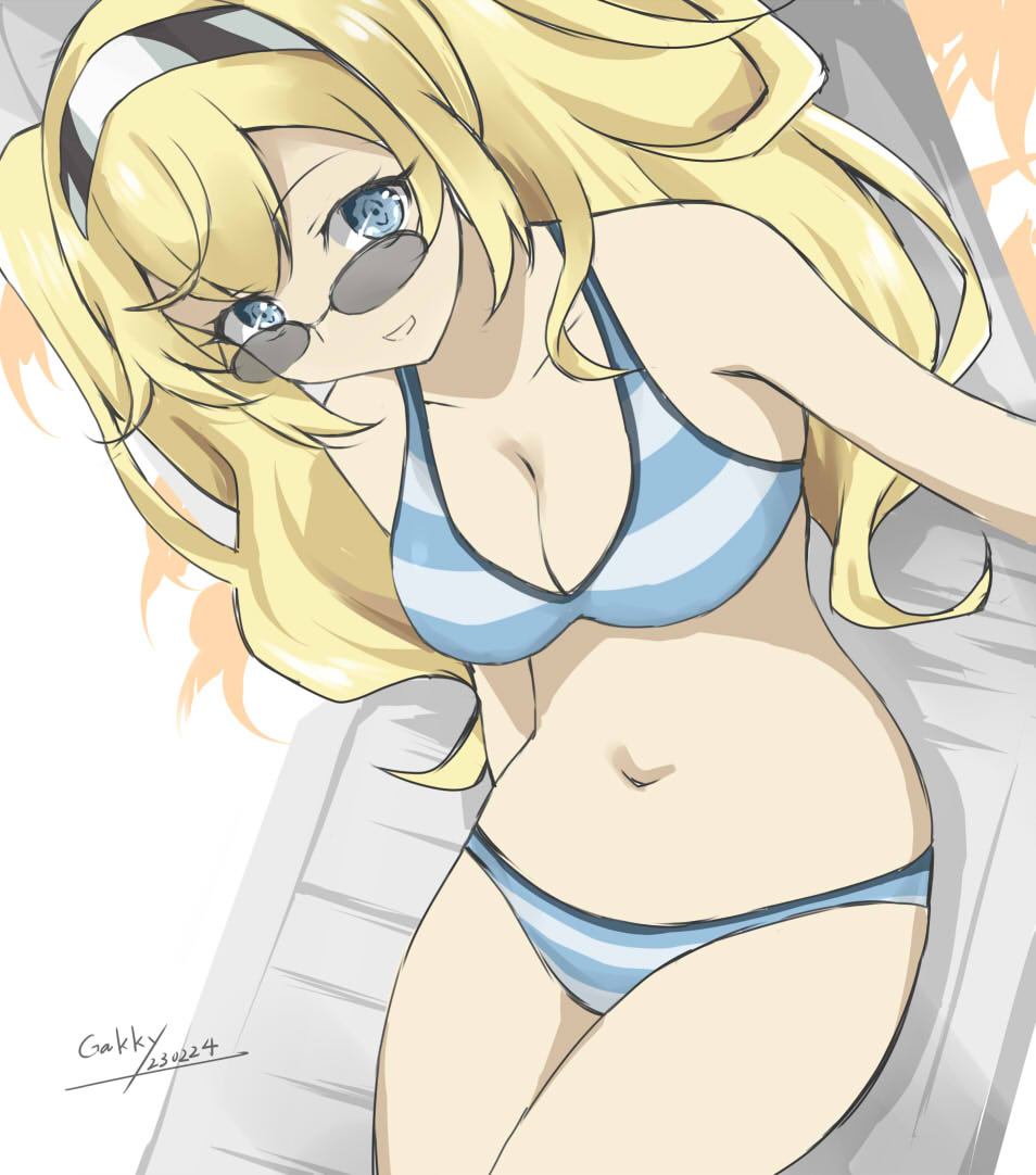 1girl bikini blonde_hair blue_bikini blue_eyes breasts chair cleavage cowboy_shot gakky gambier_bay_(kancolle) hairband kantai_collection large_breasts long_hair looking_over_eyewear lounge_chair navel one-hour_drawing_challenge solo striped striped_bikini sunglasses swimsuit twintails