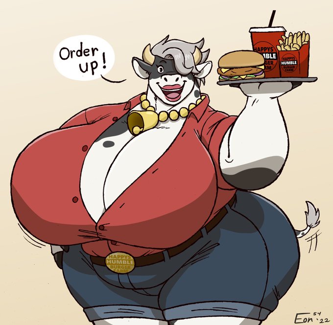 anthro bell bell_collar big_breasts big_butt bovid bovine breasts burger butt cattle cleavage clothed clothing collar digital_media_(artwork) eon54 fast_food female food happy's_humble_burger_farm happy_(happy's_humble_burger_farm) huge_breasts humanoid looking_at_viewer mammal overweight overweight_female simple_background solo tail tail_motion tailwag thick_thighs tight_clothing wide_hips wiggle