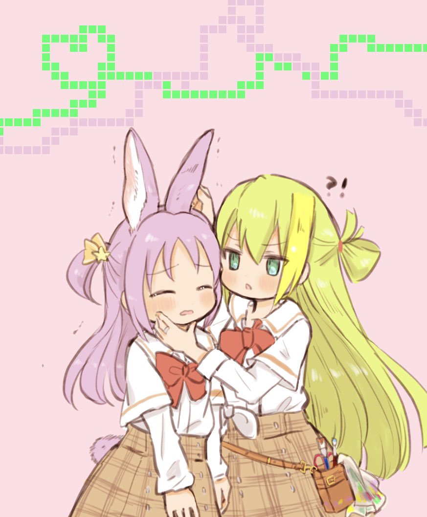 !? 2girls alina_gray animal_ears bangs belt_pouch blonde_hair blush bow bowtie closed_eyes green_hair hair_between_eyes hair_ornament hair_ribbon hand_on_another's_chin kemonomimi_mode layered_sleeves long_hair long_sleeves looking_at_another magia_record:_mahou_shoujo_madoka_magica_gaiden mahou_shoujo_madoka_magica medium_hair minnano94 misono_karin multicolored_hair multiple_girls open_mouth orange_ribbon paint_stains parted_bangs plaid plaid_skirt pouch purple_hair rabbit_ears rabbit_tail rag red_bow red_bowtie ribbon sakae_general_school_uniform school_uniform shirt short_over_long_sleeves short_sleeves side-tie_shirt sidelocks simple_background single_hair_ring skirt star_(symbol) star_hair_ornament straight_hair streaked_hair tail trembling two_side_up white_shirt