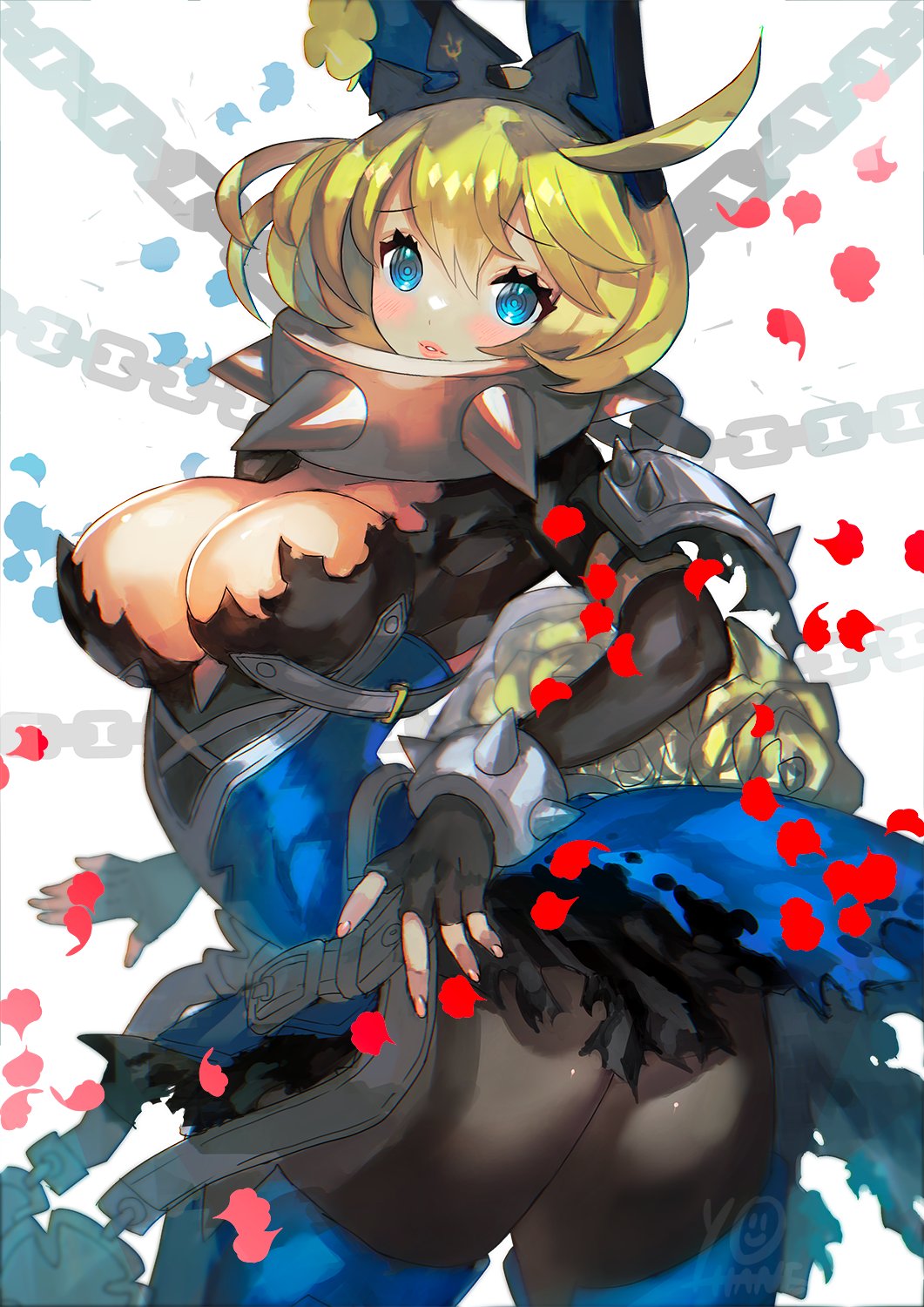 1girl ahoge alternate_color animal_ears black_gloves blonde_hair blue_dress blue_eyes blue_thighhighs blush breasts chain cleavage cleavage_cutout clothing_cutout clover collar commission dress elphelt_valentine fake_animal_ears falling_petals fingerless_gloves fingernails flower four-leaf_clover gloves guilty_gear guilty_gear_xrd hair_between_eyes highres huge_ahoge large_breasts lips nail_polish petals pink_nails rabbit_ears ringed_eyes rose signature simple_background skeb_commission solo spiked_collar spikes thighhighs wedding_dress white_background yellow_flower yellow_rose yohane_shimizu