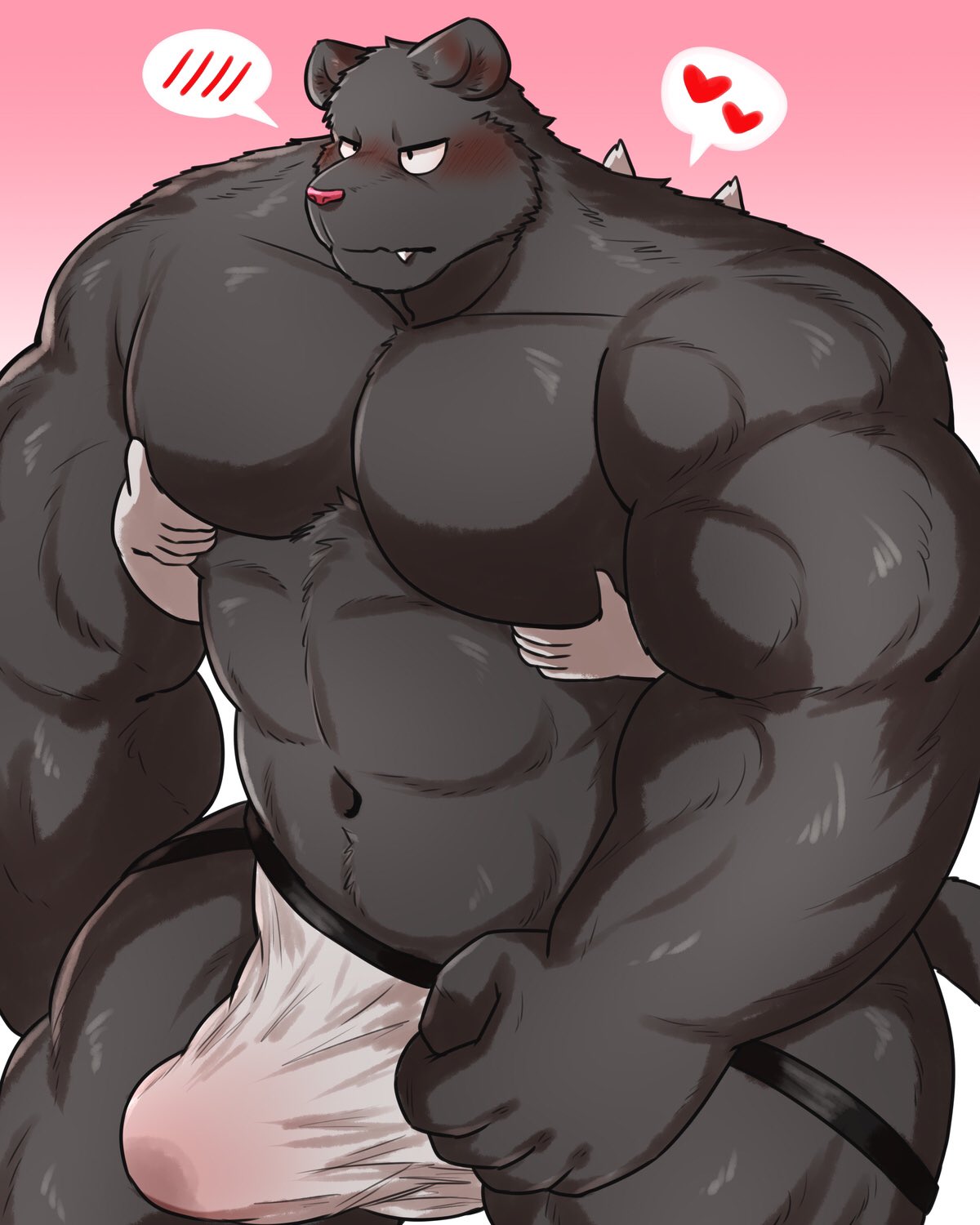 &lt;3 2023 5_fingers abs anthro anthro_focus black_arms black_body black_clothing black_fingers black_fur black_hands black_jockstrap black_underwear blush bulge clothed clothing duo felid fingers fur hand_on_chest hi_res jockstrap jockstrap_only male male_focus mammal multicolored_clothing multicolored_jockstrap multicolored_underwear navel nullraihigi pecs pictographics pink_nose solo_focus speech_bubble teeth topless two_tone_clothing two_tone_jockstrap two_tone_underwear underwear underwear_only white_clothing white_jockstrap white_underwear